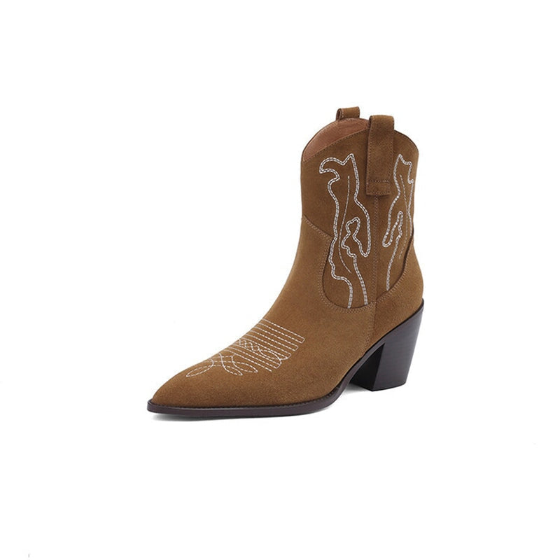 Suede Western Boots Mid Calf Contrast-stitching Cowboy Boots Maxct