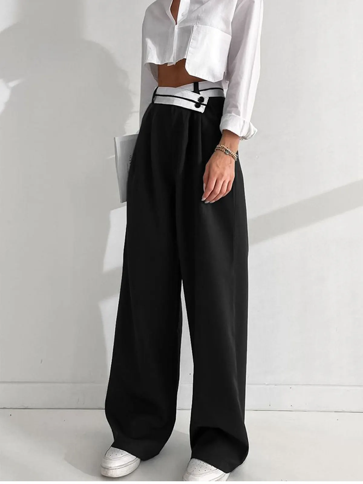 Maxct Asymmetrical Contrast Waistband Wide Leg Dress Pants