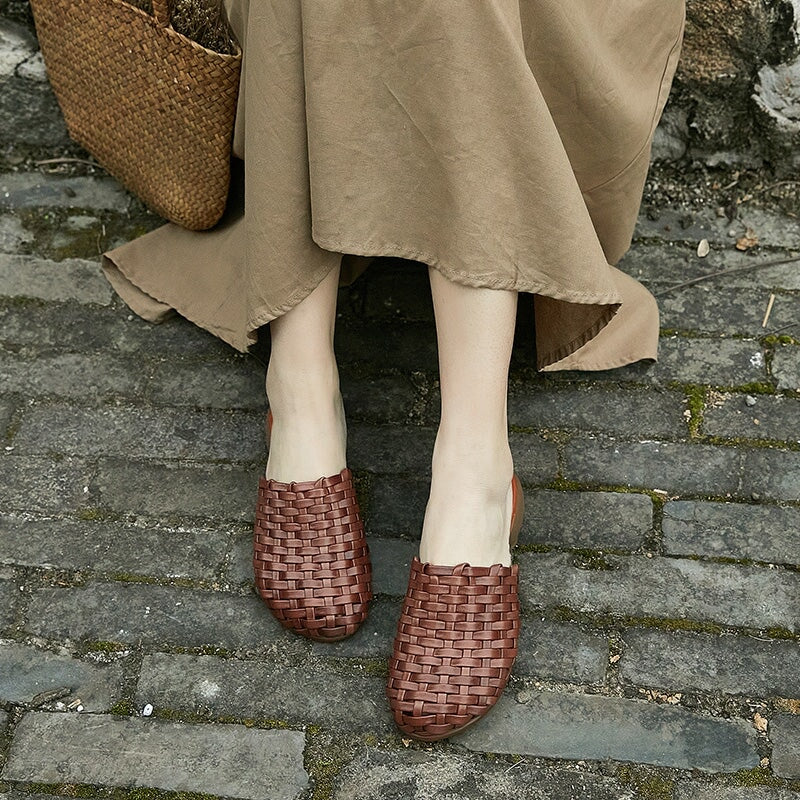 Woven Slippers Block Heel Mules Summer Slippers Maxct