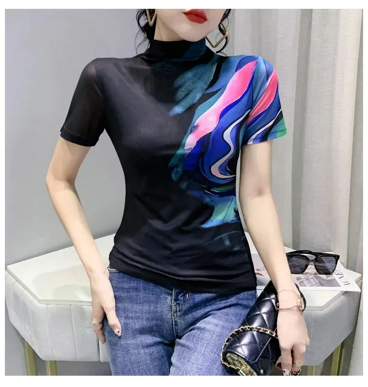 Maxct Summer Women Half Turtleneck Short Sleeve T Shirts Lady Elastic Tops Tees Female Basic Fashion Printing Mesh T-Shirt