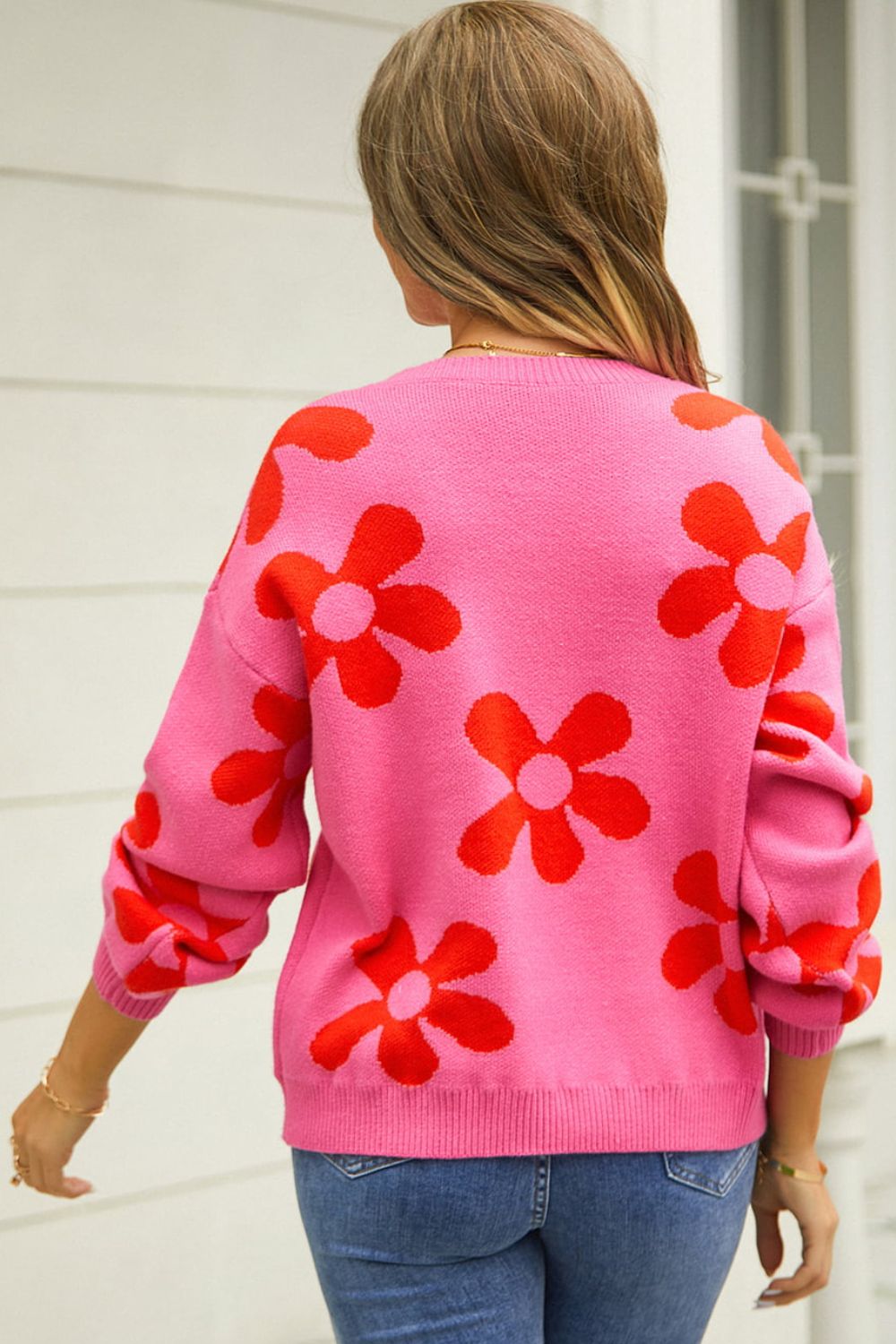 Maxct &Floral Print Round Neck Dropped Shoulder Pullover Sweater
