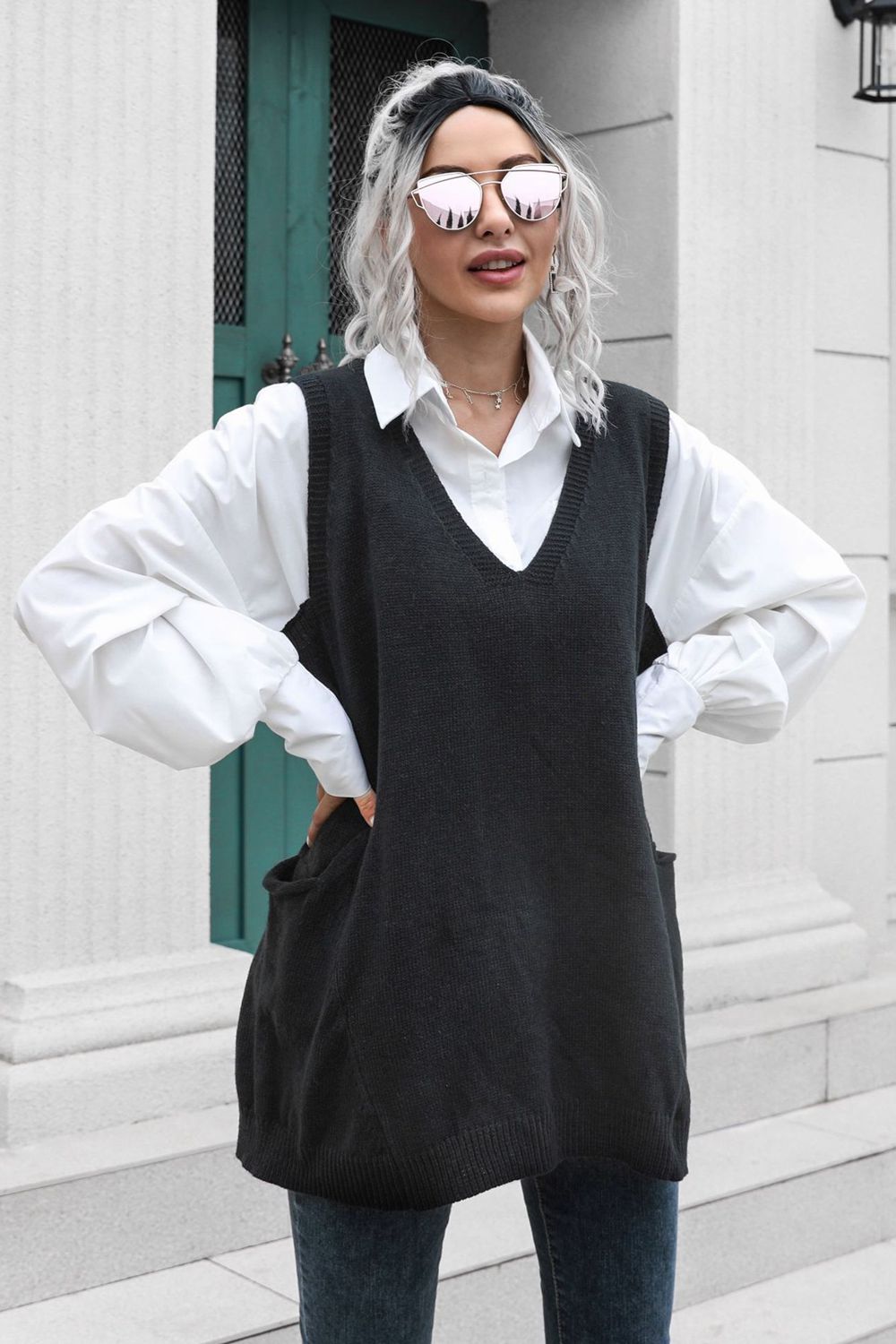 Maxct &V-Neck Sleeveless Sweater Vest with Pocket