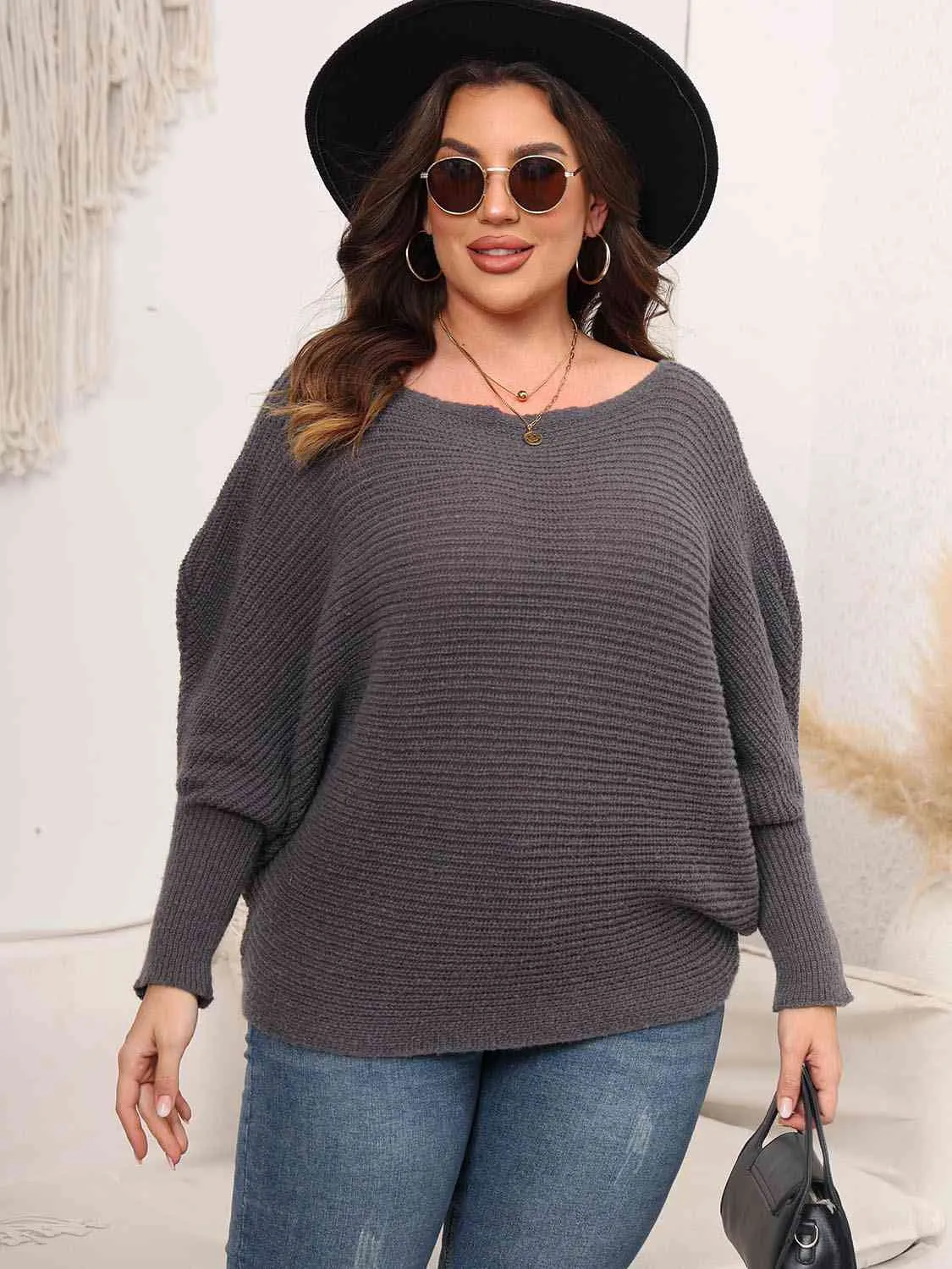 Maxct &Full Size Boat Neck Batwing Sleeve Sweater