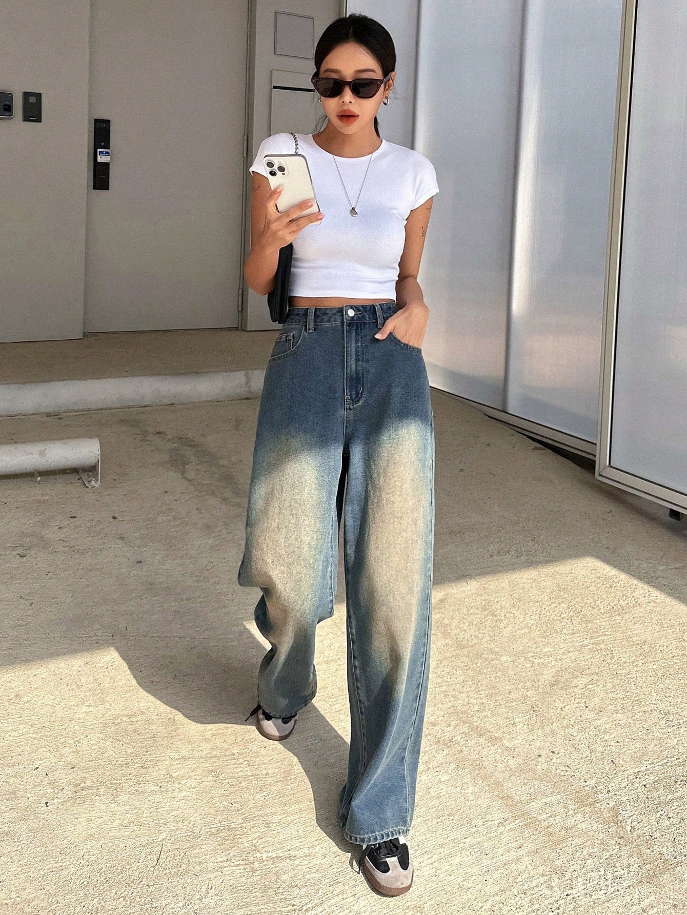 Maxct Women's Solid Color Simple Daily Wear Denim Pants