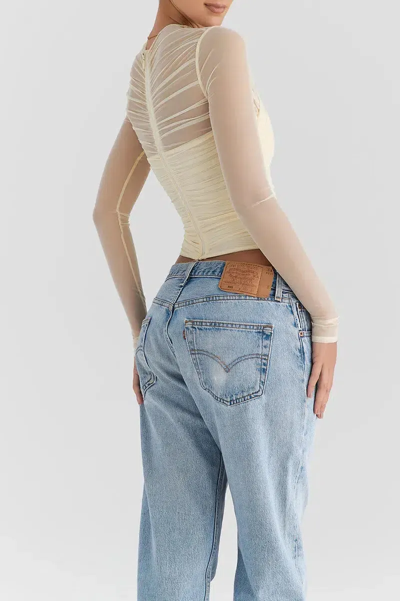 Maxct &Ruched Sheer Zip-Up Mesh Top