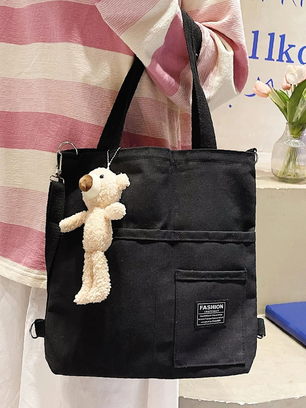 Maxct - Letter Graphic Shopper Bag with Bag Charm  - Women Tote Bags