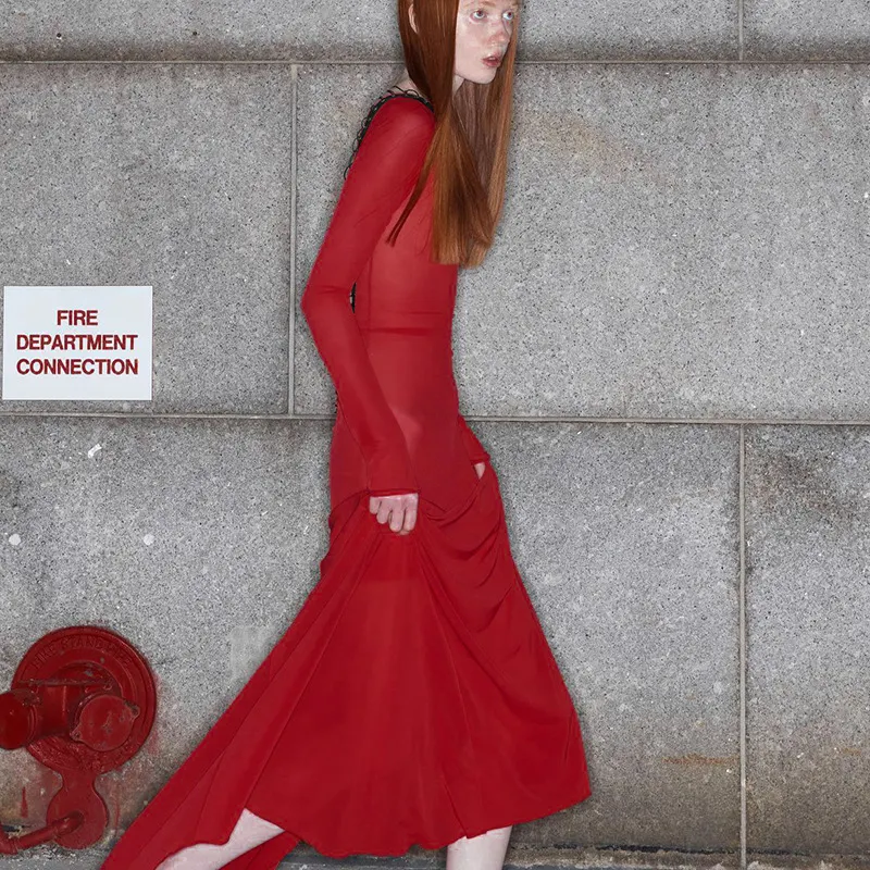 Maxct avant garde dress to impress Fashionable New Autumn Women's Clothing Sexy Mesh Backless Lace-up Long Sleeve Super Long Dress Women