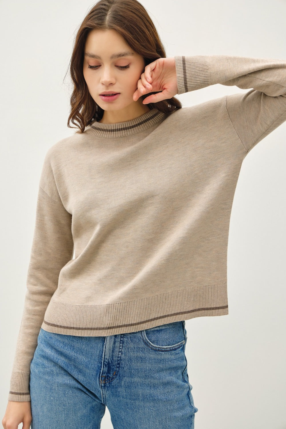 Maxct &Be Cool Striped Trim Round Neck Long Sleeve Sweater
