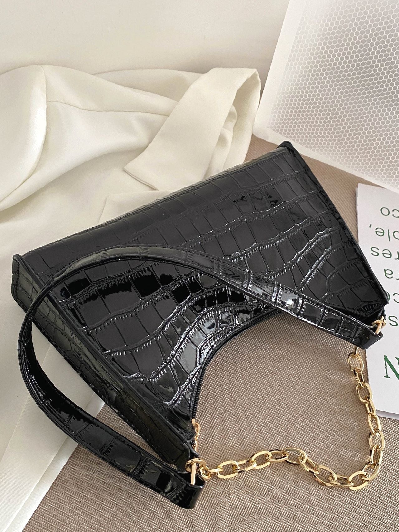 Bag For Love - Chain Decor Croc Embossed Maxct Bag  - Women Maxct Bags