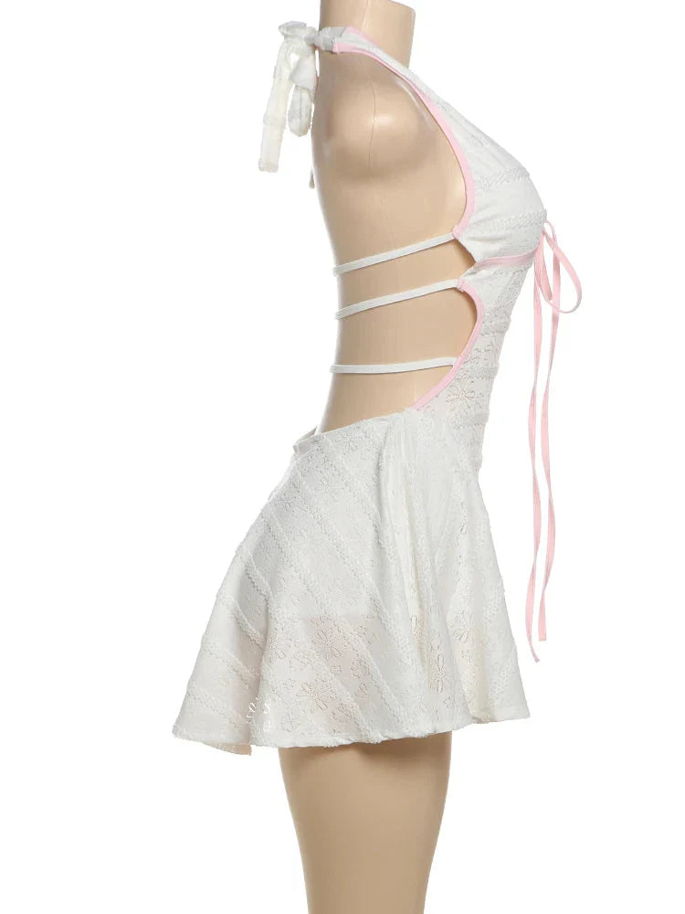 Classic Y2K Backless Dress See Through Pink Shirring Sleeveless Stretch Chic Midnight Mini Bodycon Maxct