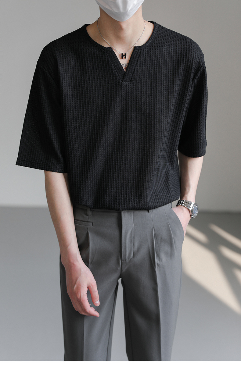 90s Streetwear Summer New Korean Style Loose Small V-neck Short-sleeved T-shirt Men's Fashion Brand Wafflet High-end Sense Half-sleeved T-shirt Top