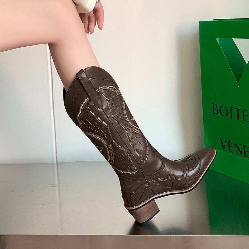Womens Western Boots Mid Calf Contrast-stitching Cowboy Boots- White/Coffee Maxct