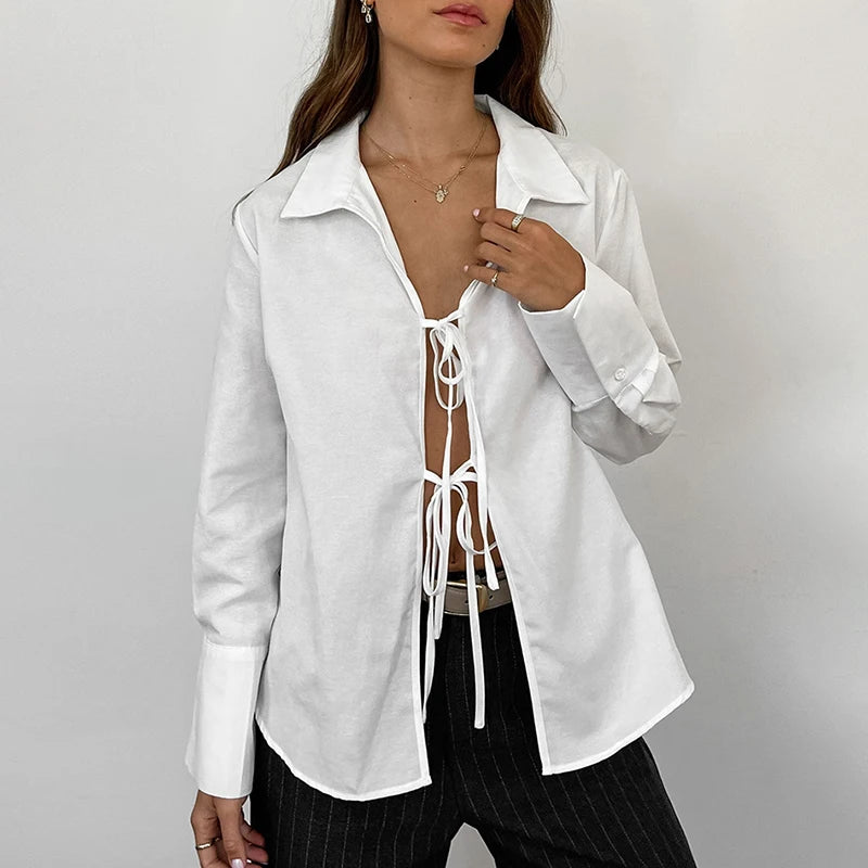 Maxct Hollow Out Lace Up White Cotton Linen Shirt Women's Long Sleeve Loose Casual Sexy Lapel Cardigan Top Female Summer new