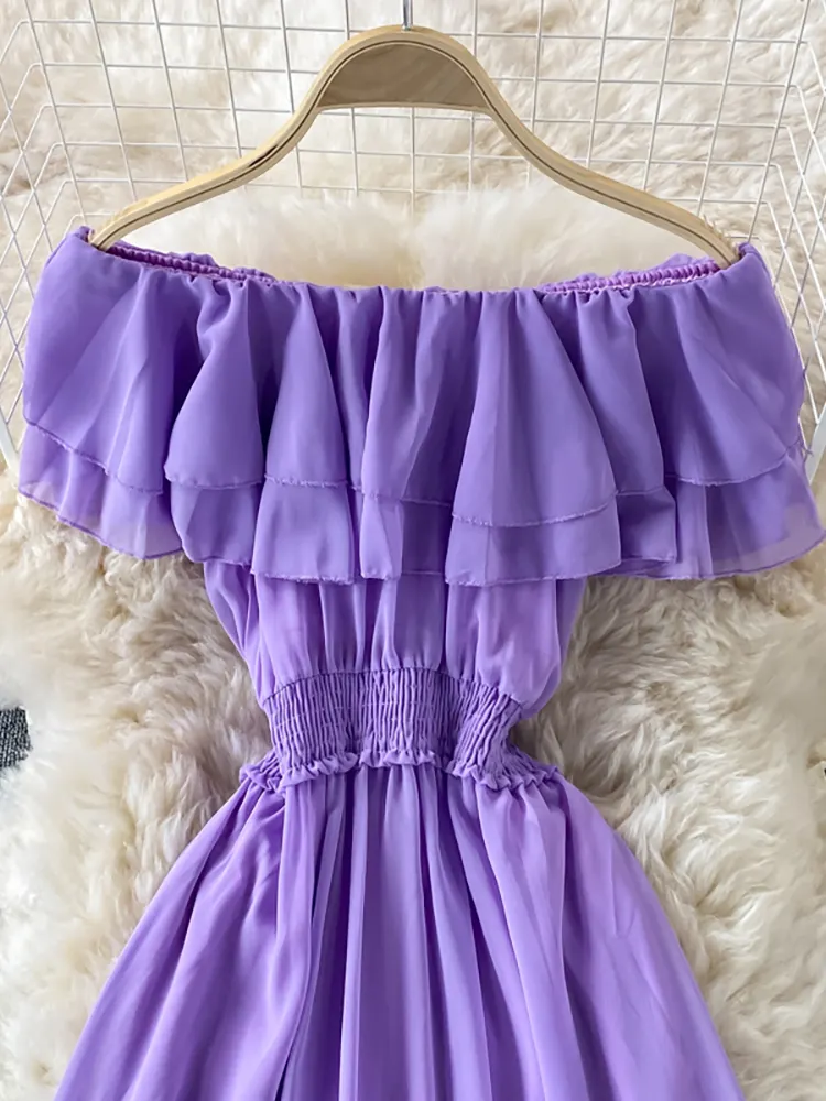 Maxct Chiffon Dress Women Sexy Slash Neck Ruffle Robe Elegant Ruffle High Waist Vestidos Female Beach Vacation New