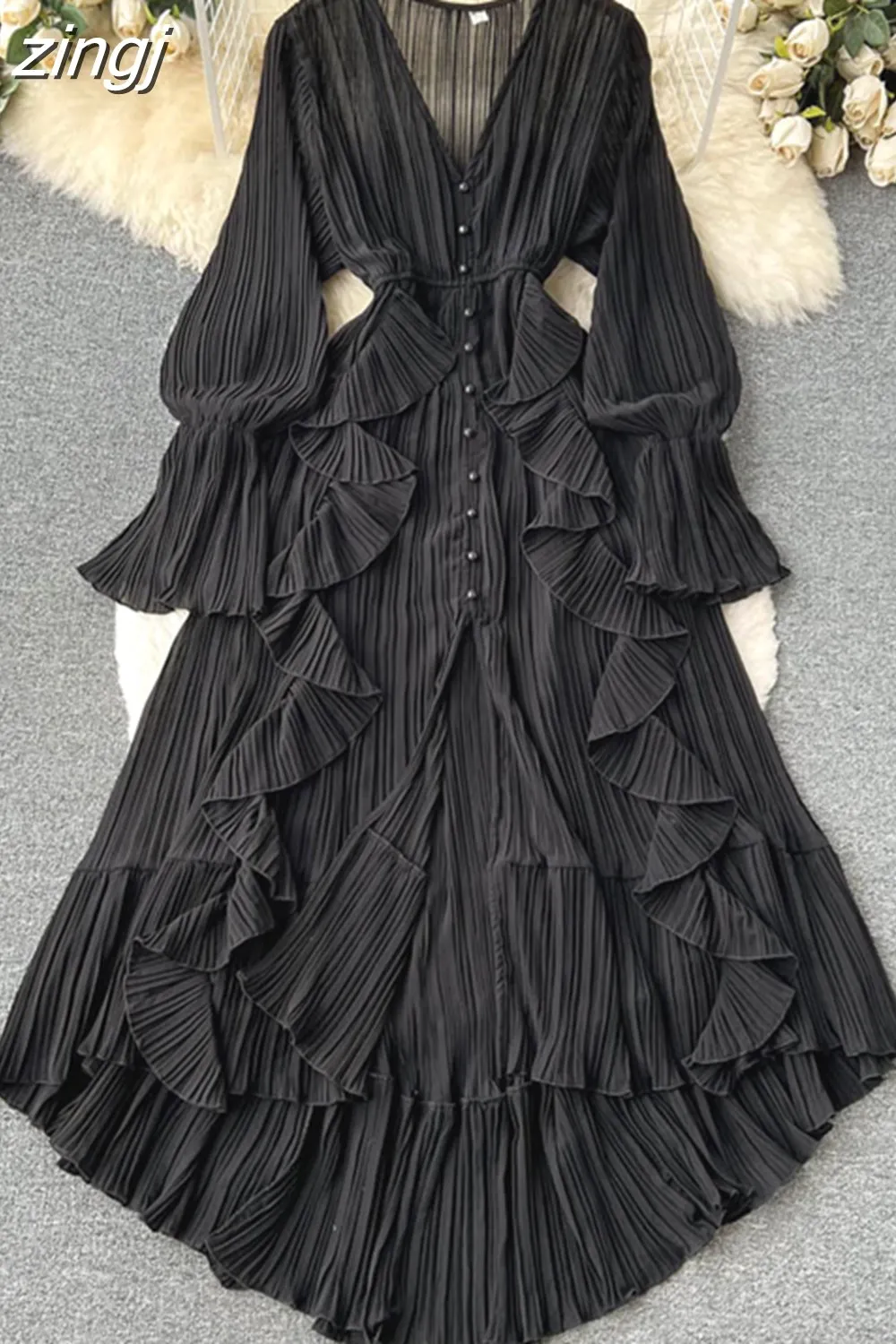 Maxct Maxct Chiffon Pleated Long Dress Women Vintage V-Neck Flare Sleeve Draped Ruffle Vestido Female Maxi Robe Spring Fall 1215-1