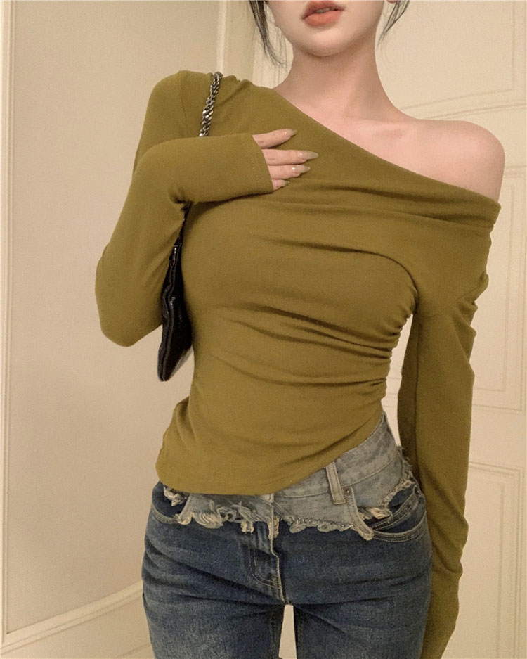 Black Solid Slash Neck Elegant Long Sleeve Tops Fashion Slim Sexy Cropped T Shirt Skinny Women Y2k Clothing Autumn Casual Shirts