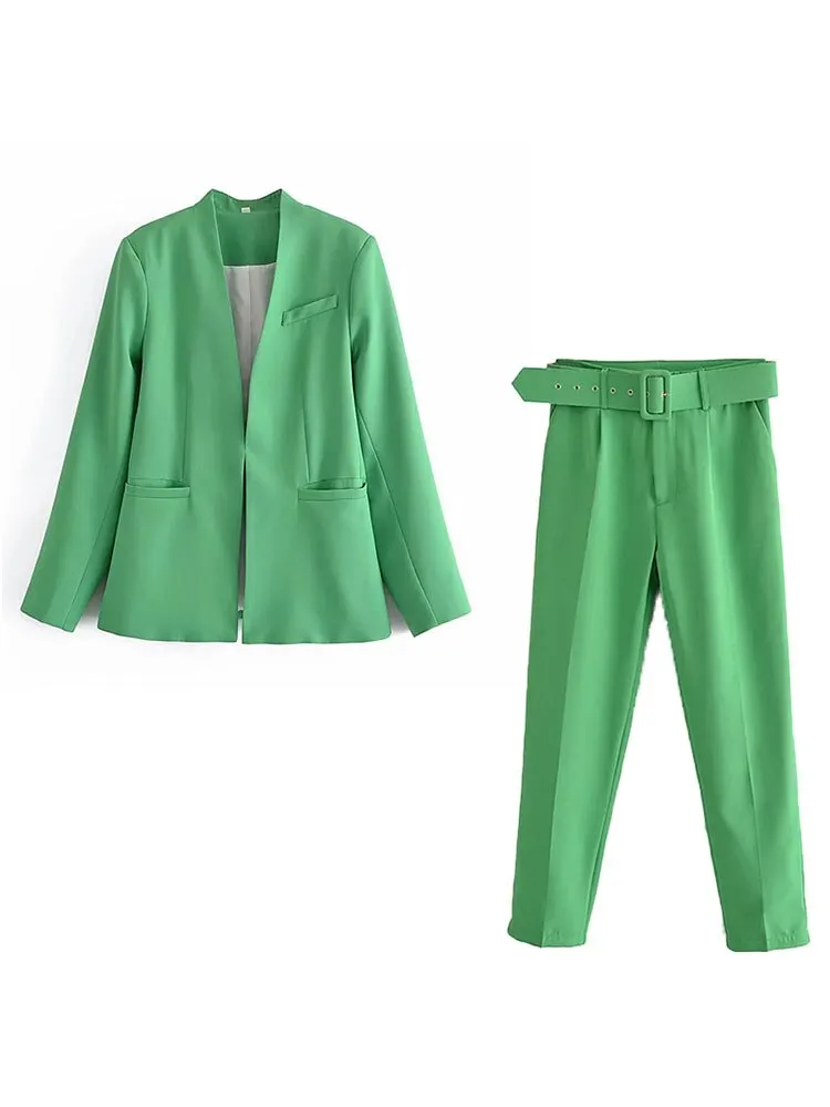 Maxct 2024 Women Fashion Two Pieces Sets Office Wear Blazers Coat And With Belt High Waist Pants Female