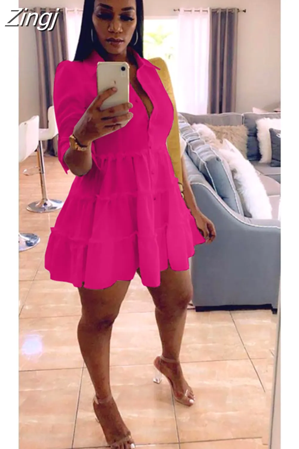 Maxct Solid Ruffles Shirt Dress Women Streetwear Half Sleeve Buttons Up High Waist Mini Dress Summer Casual Party Dresses