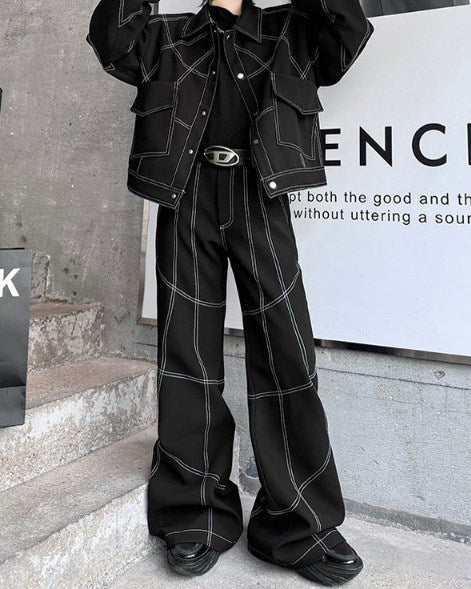 Maxct  Oversize Stitch Denim Jacket & Wide-leg Stitch Denim Jeans Setup NA676
