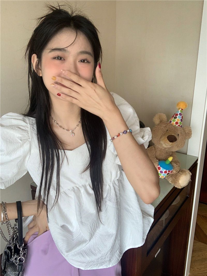 Blouses Women Square Collar Sweet Loose French Style Puff Sleeve Chic Ruffles Simple Ulzzang Solid Fashion Temper Student Summer