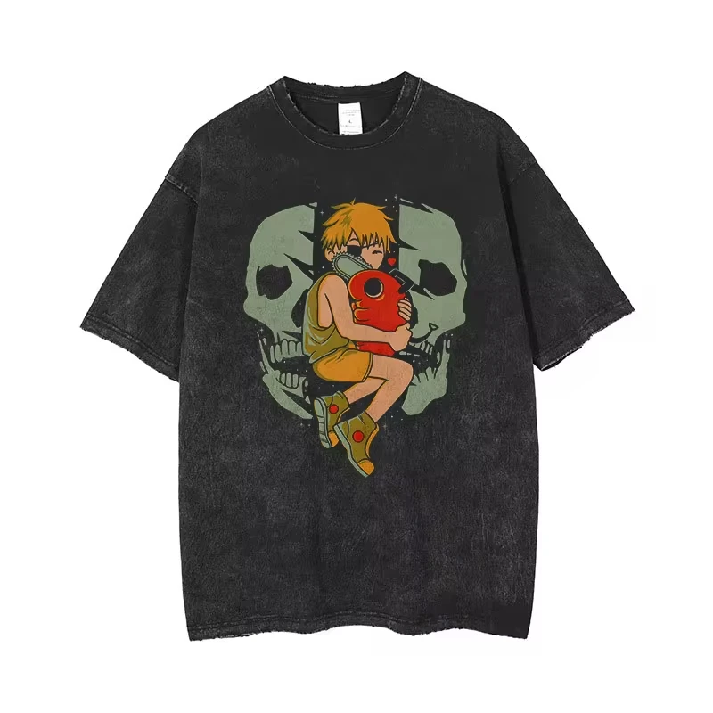 Maxct Anime Chainsaw Man Acid Tshirt Retro Vintage Washed Printed Graphic T Shirt Men Harajuku Cotton Casual Short Sleeve Tshirt Tops