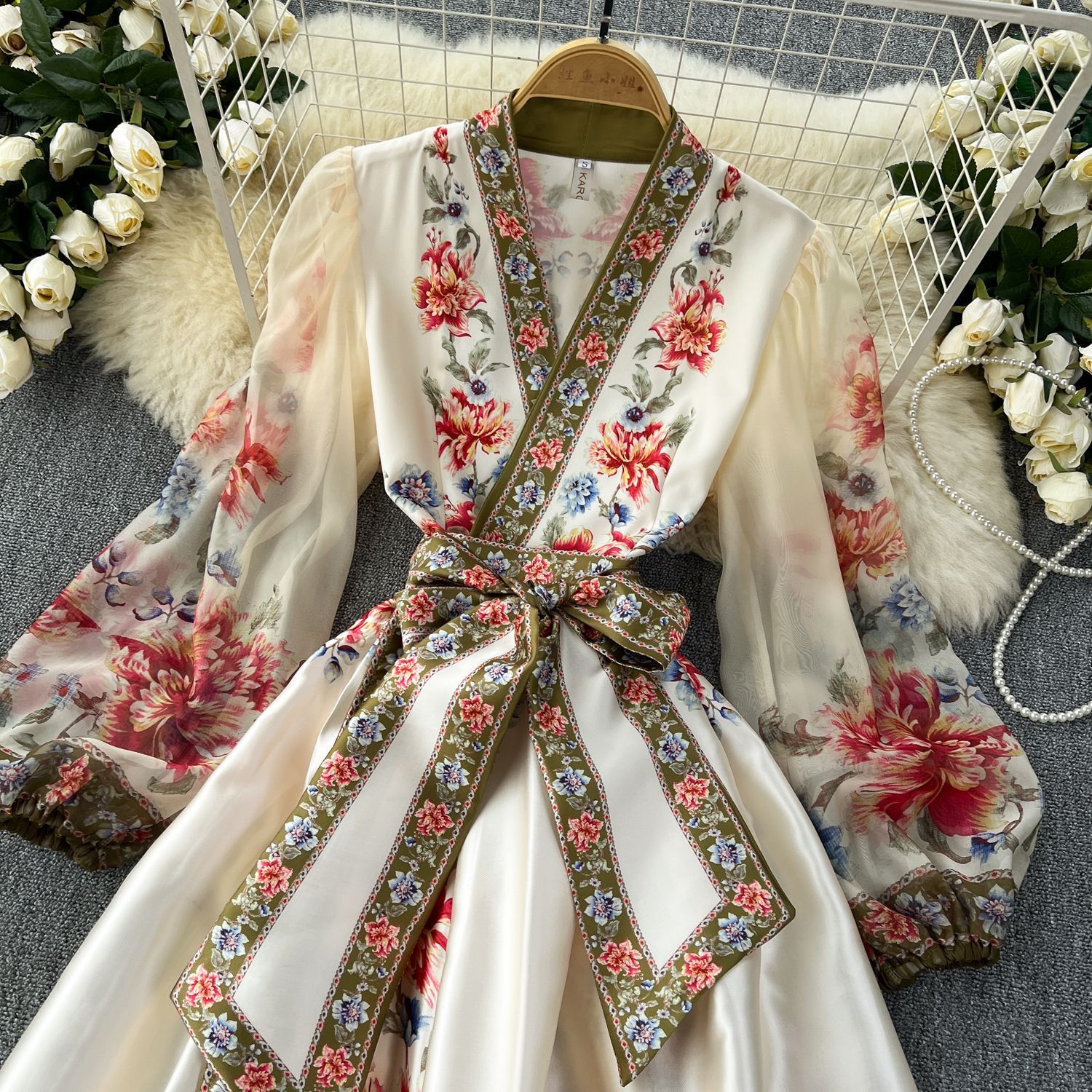 Maxct pop culture dress to impress French Retro Elegant Dress Women's High-Grade Court Style Printed Lace-up Waist-Tight Elegant Dress Long Skirt