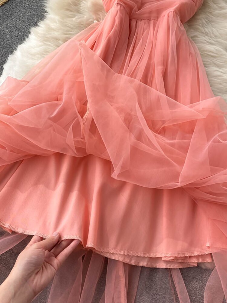 Maxct Women Sexy Mesh Spaghetti Strap Long Dress Summer Orange/Purple/Blue/Pink Ruffle A-Line Beach Robe Female Elegant Party Vestidos