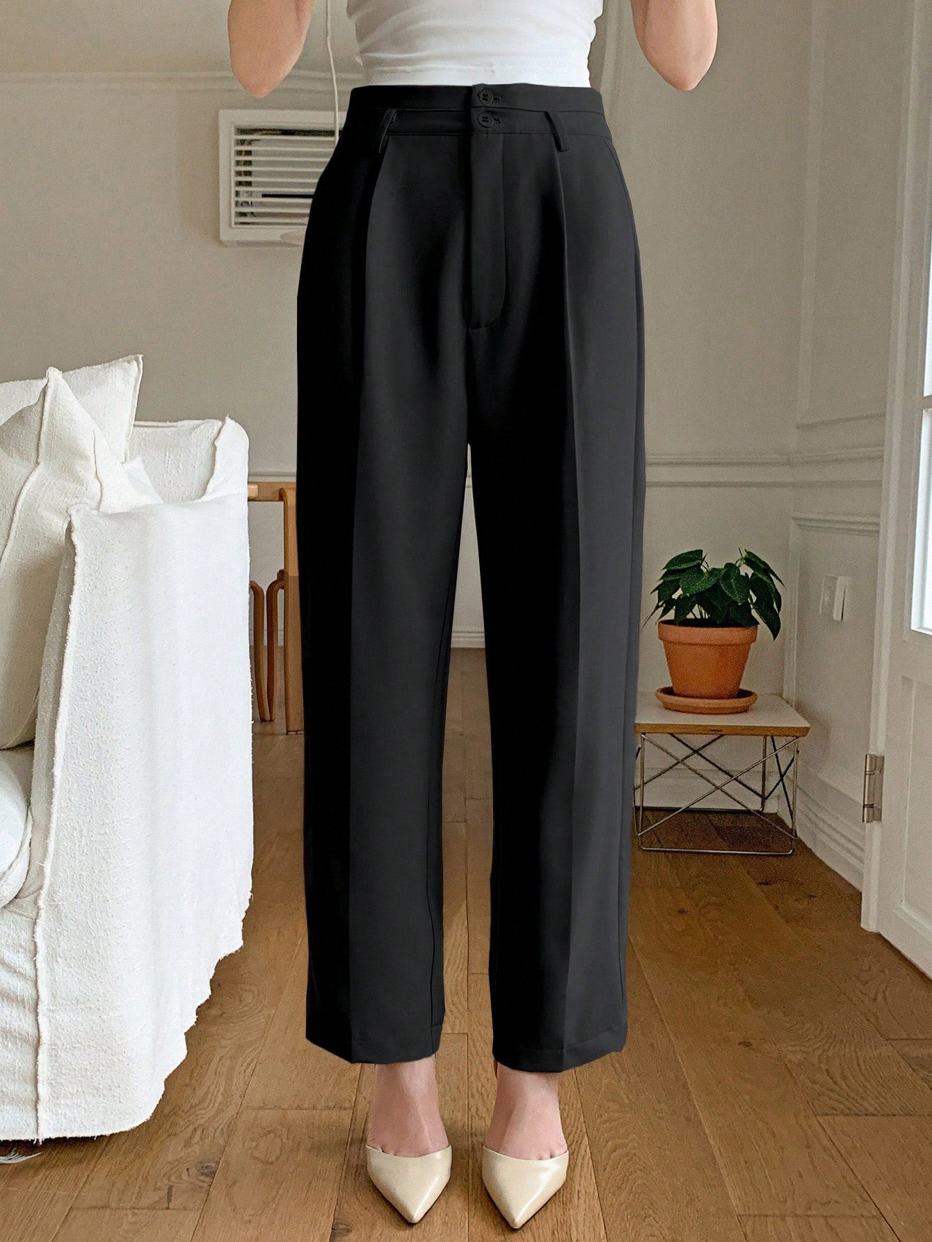 Maxct Solid Color Three Quarter Length Pocket Zipper Women's Suit Pants