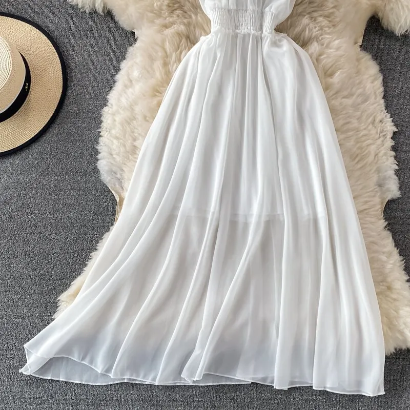 Chiffon Dress Women Sexy Slash Neck Ruffle Robe Elegant Ruffle High Waist Vestidos Female Beach Vacation New