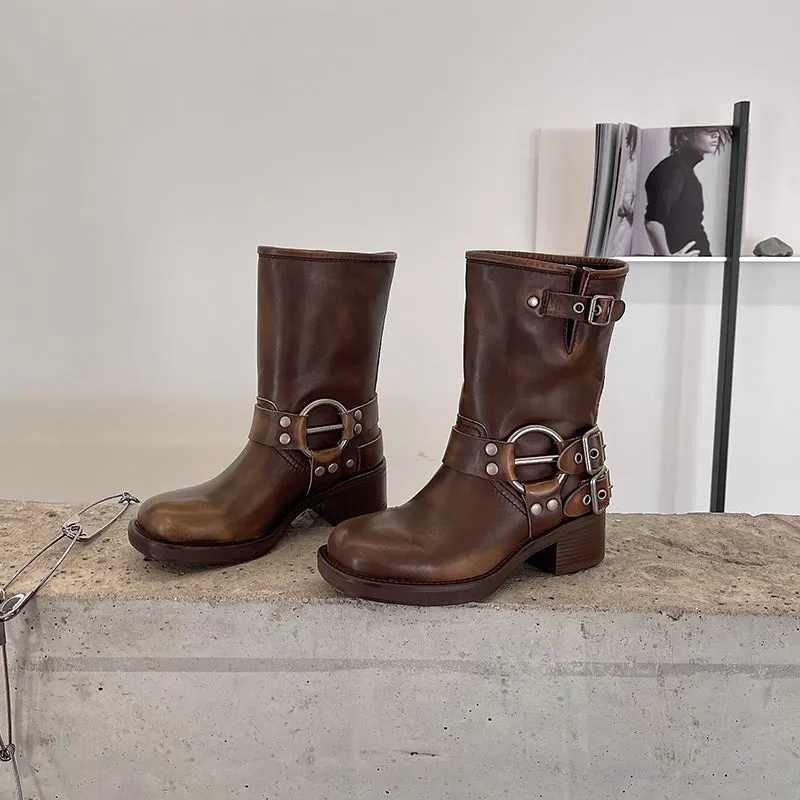 Genuine Short Boots Western Cowboy Boots Riding Boots Big Round Toe Maxct
