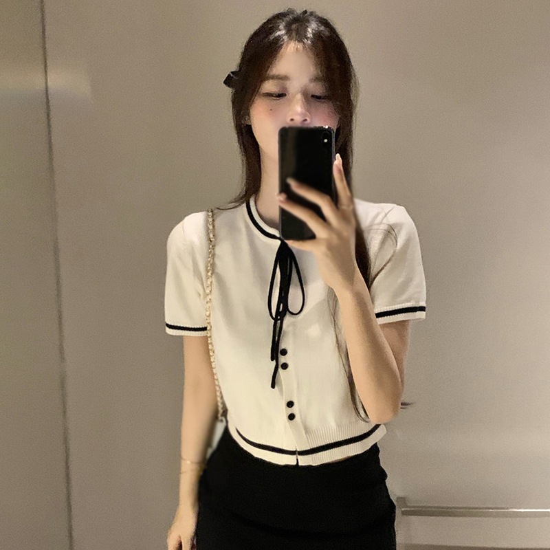 Maxct Knitted Short-sleeved Tops Crew Neck Casual Female Tee Short Coat Single-breasted Streetwear Top