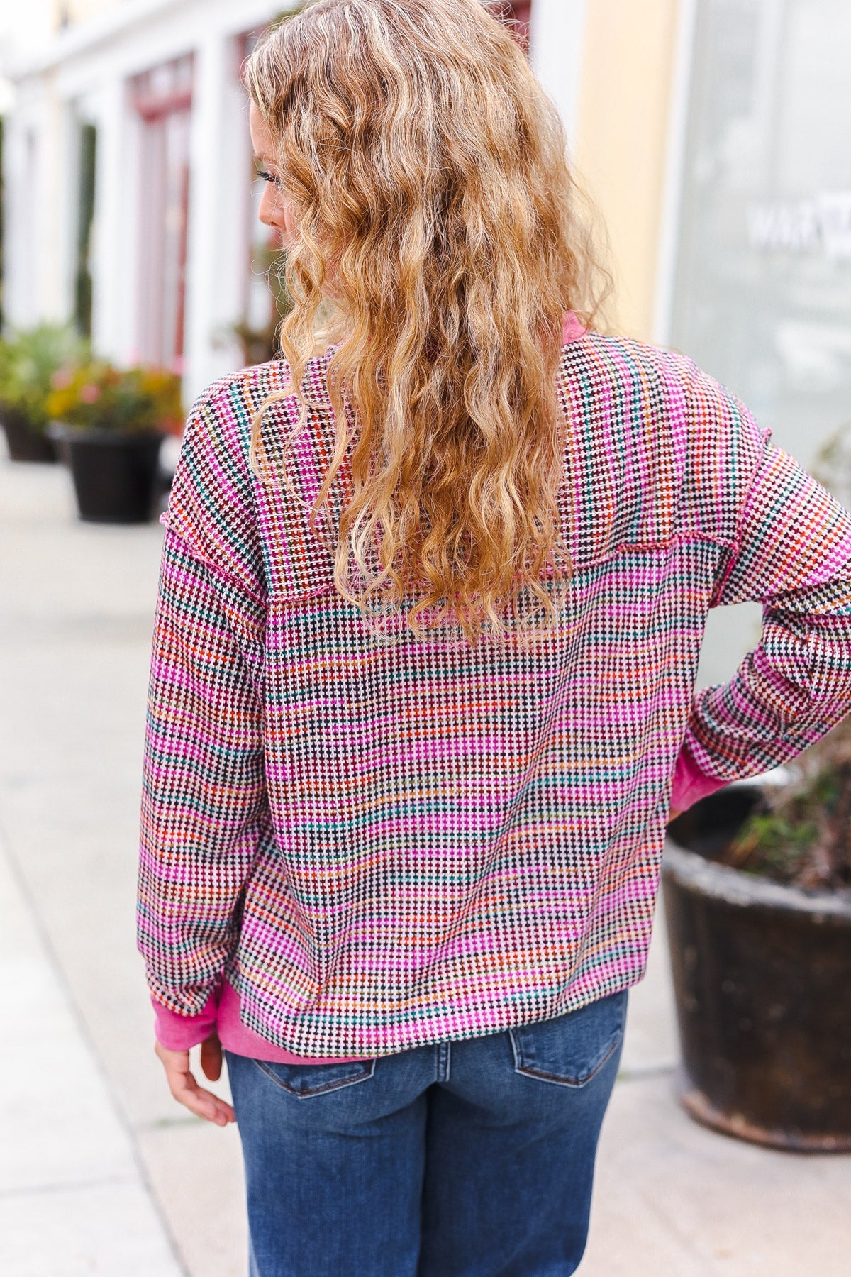 Maxct &Bring Joy Magenta Multicolor Textured Waffle Knit Sweater