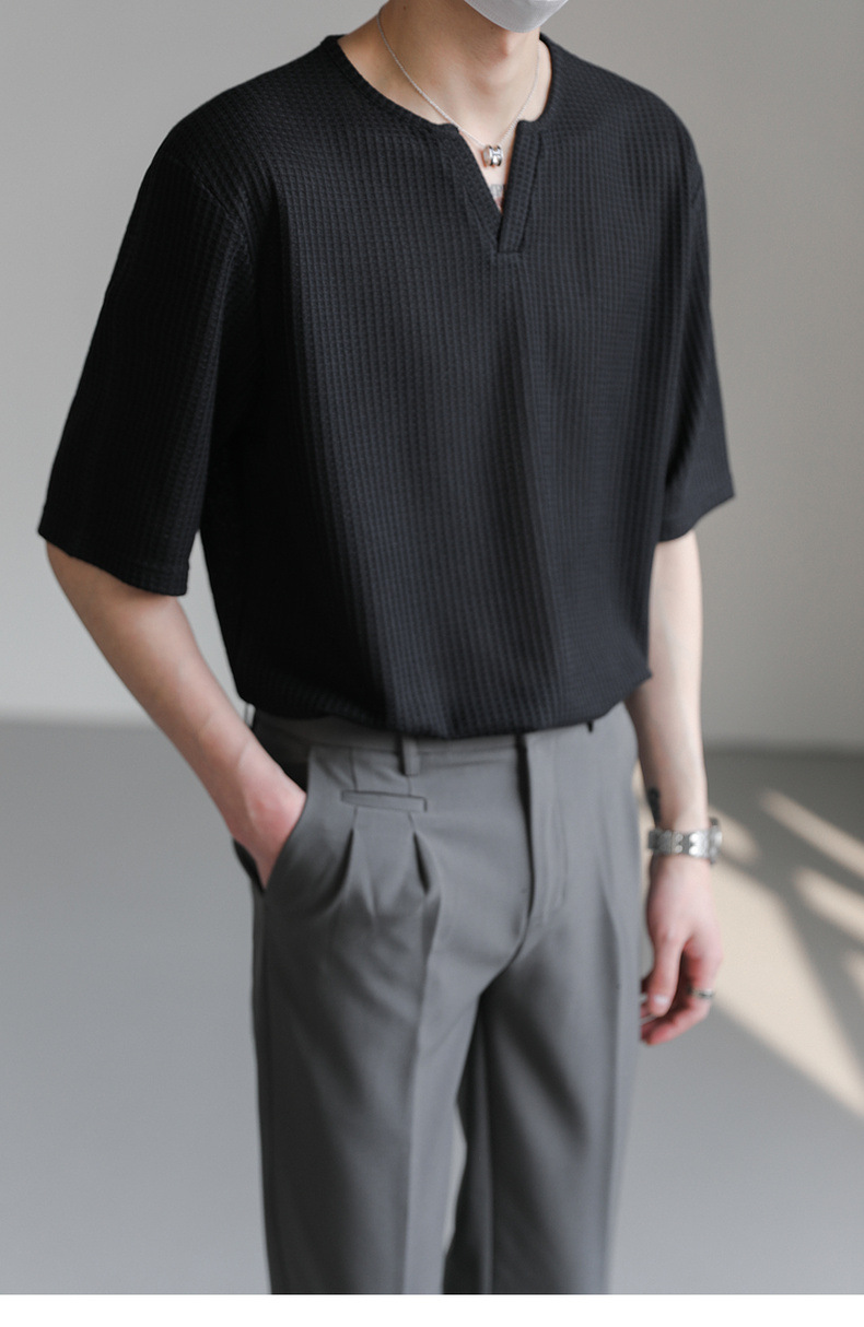 90s Streetwear Summer New Korean Style Loose Small V-neck Short-sleeved T-shirt Men's Fashion Brand Wafflet High-end Sense Half-sleeved T-shirt Top