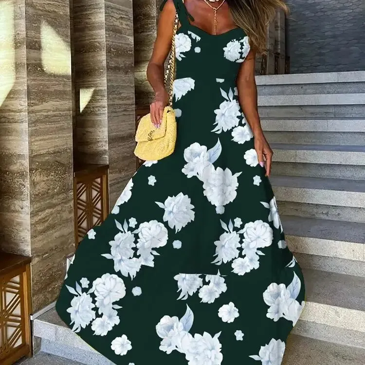 Maxct Floral Printed Yellow Dresses For Women Elegant Sleeveless Long Dress Holiday Lace Up Robe Summer Bodycon Vestidos Feminino