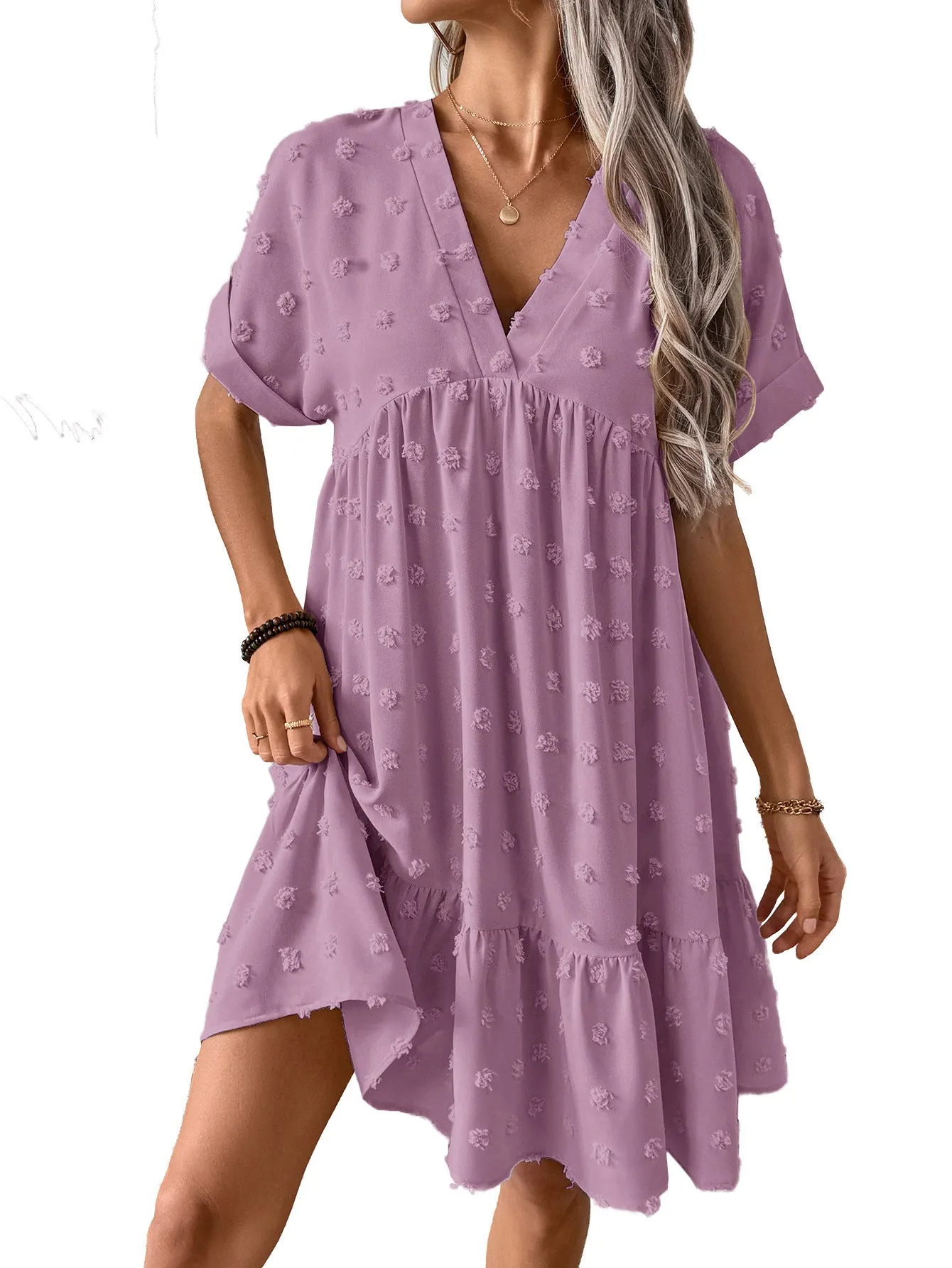 Casual V-Neck Solid Color Loose Roll-Up Sleeve Ruffled Dress
