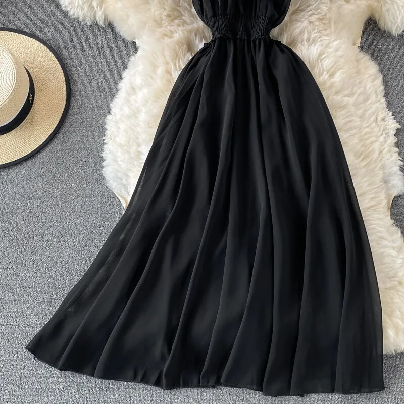 Chiffon Dress Women Sexy Slash Neck Ruffle Robe Elegant Ruffle High Waist Vestidos Female Beach Vacation New