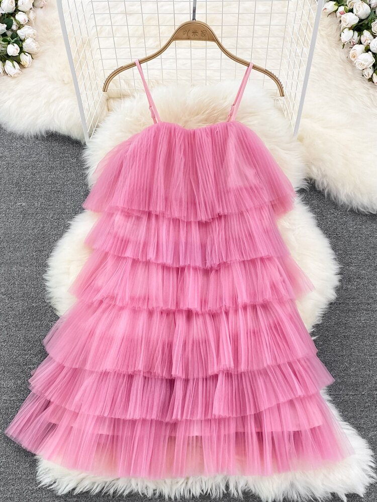 Maxct Cascading Ruffle Mesh Spaghetti Strap Mini Dress Women Purple/Green/Pink Sleeveless A-Line Vacation Beach Vestidos Female