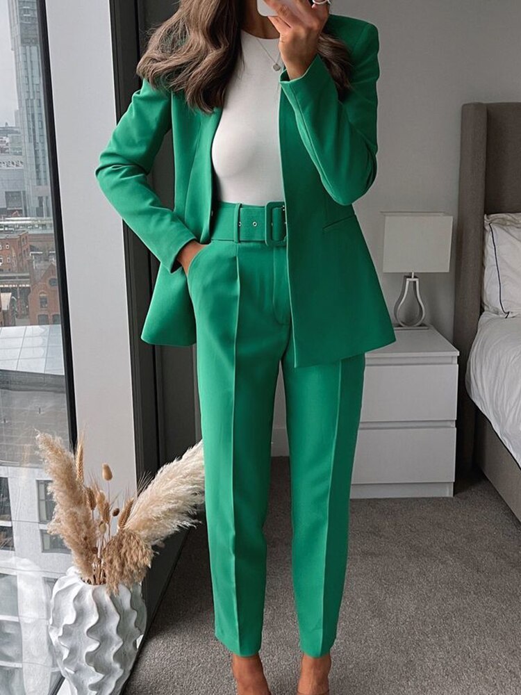 Maxct 2024 Women Fashion Two Pieces Sets Office Wear Blazers Coat And With Belt High Waist Pants Female