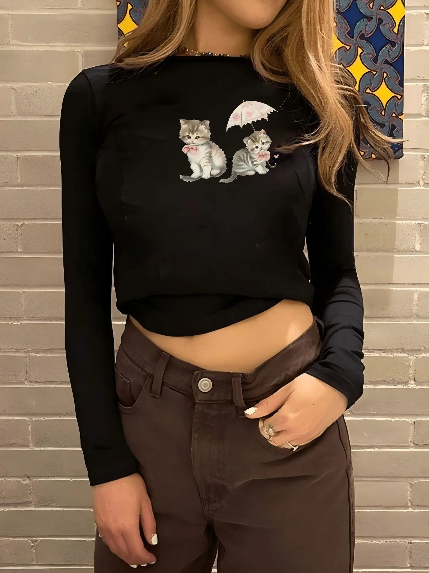 Maxct American Hot Girl round Neck Shoulder Long Sleeve Navel Top Fashion Street Slim Short T-shirt for Women