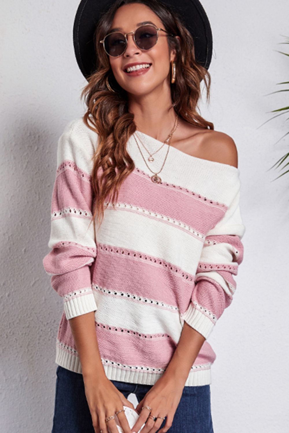 Maxct &Striped Boat Neck Dropped Shoulder Sweater