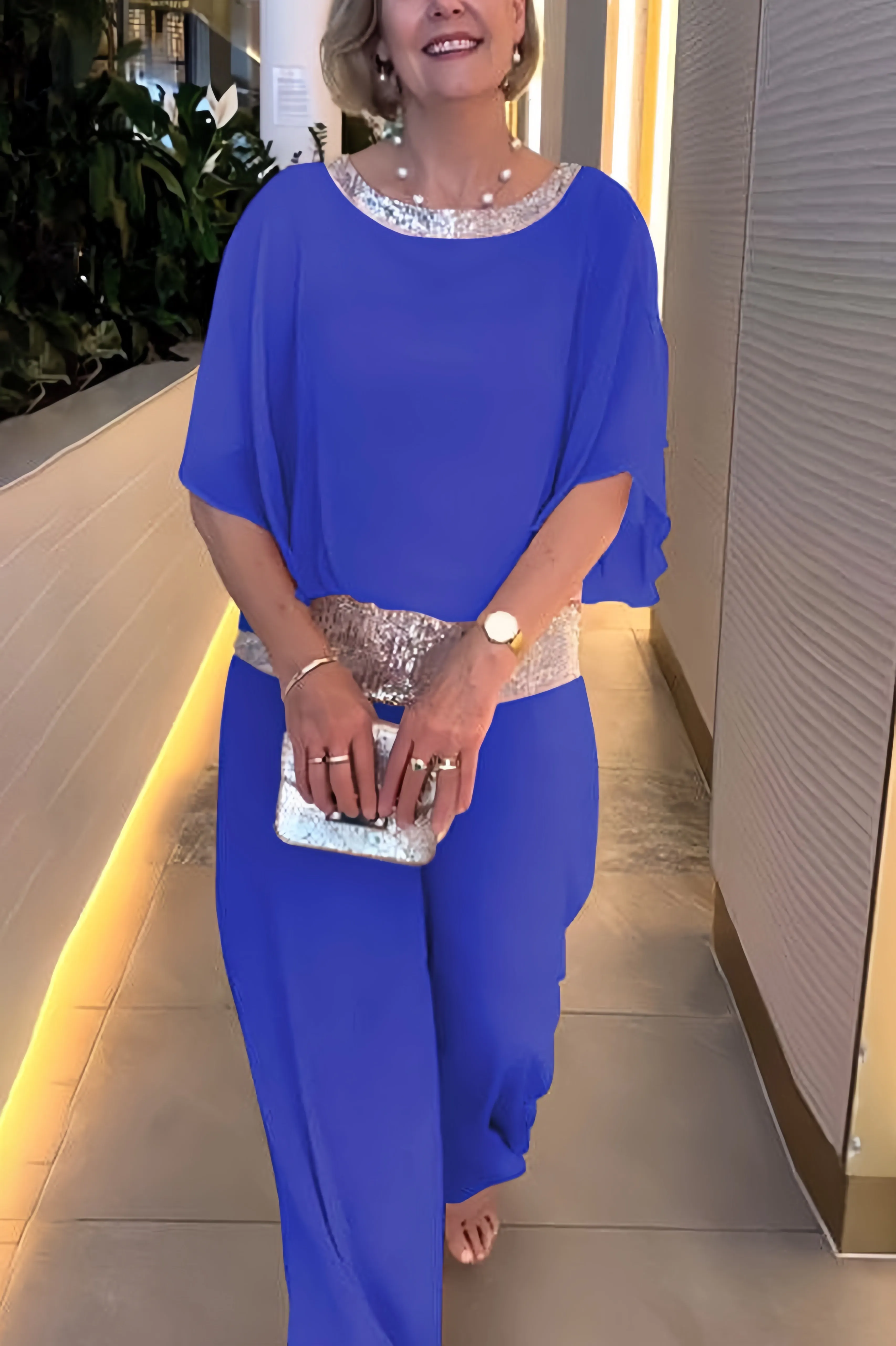 Maxct Sequins Patchwork Bat Sleeve Tops Pants Suits