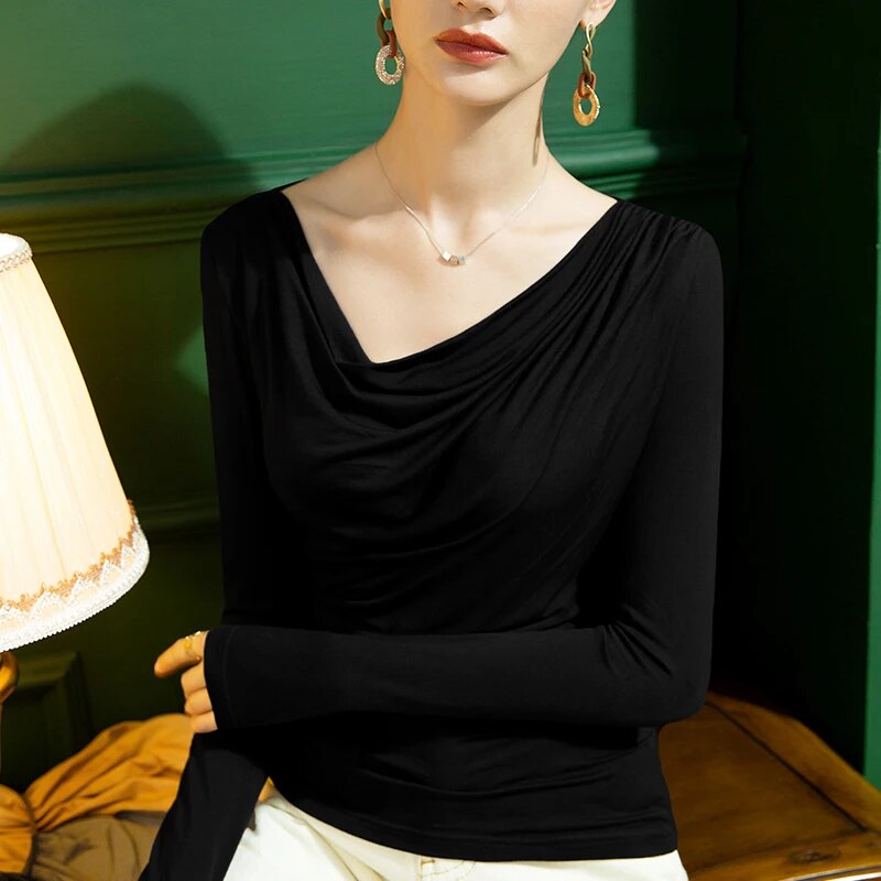 Maxct Autumn Full Sleeve Modal T-shirts Girls Heaps Collar Solid Soft Slim Stretchy Tshirts Tops For Woman