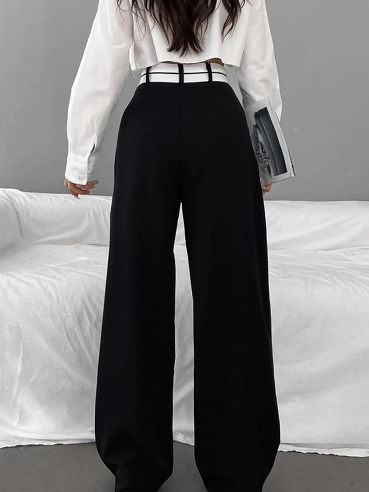 Maxct Asymmetrical Contrast Waistband Wide Leg Dress Pants