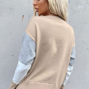 Color Block Ribbed Trim Round Neck Knit Pullover