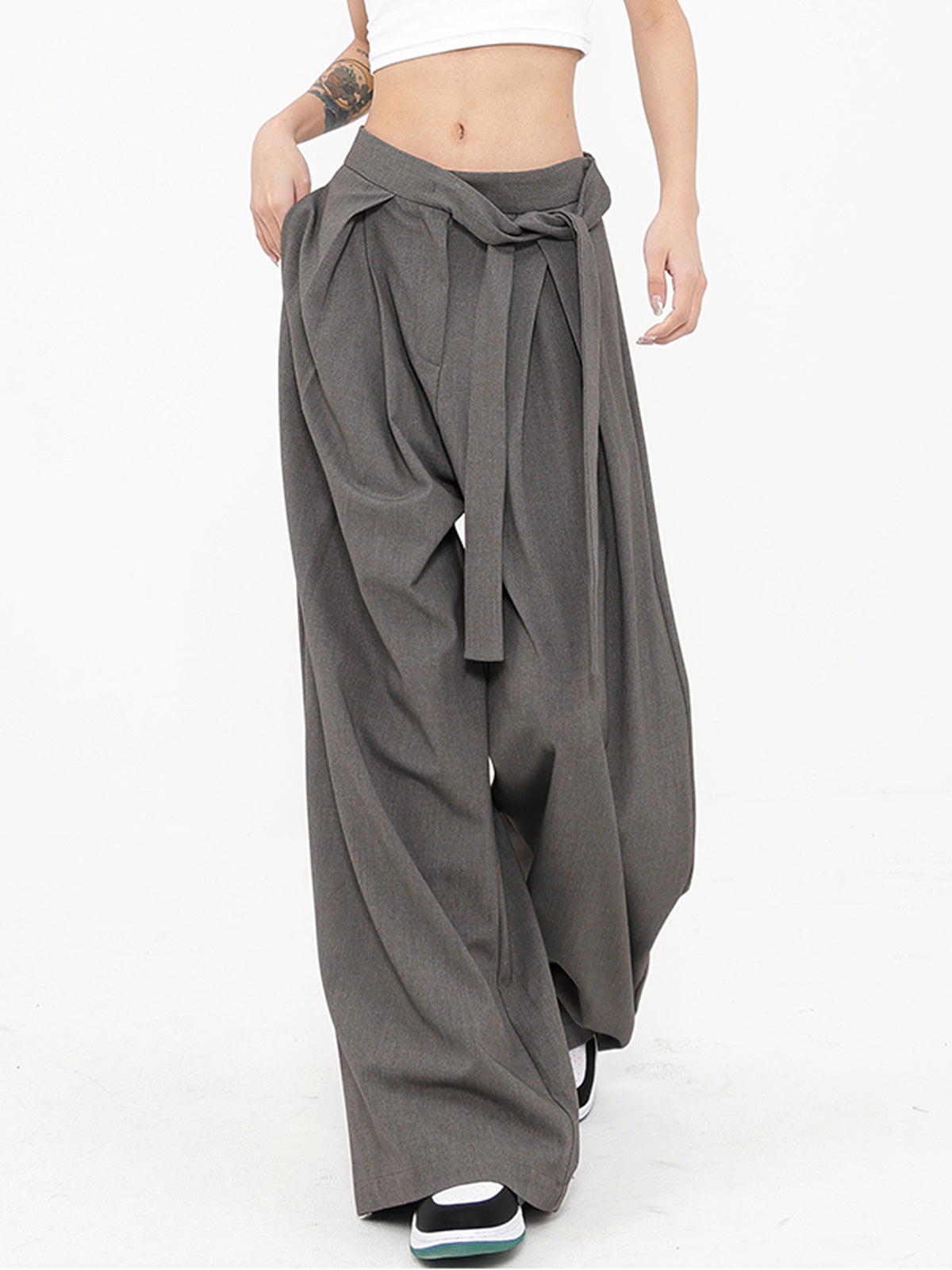 Maxct Tied Pleated Full Length Wide Leg Dress Pants