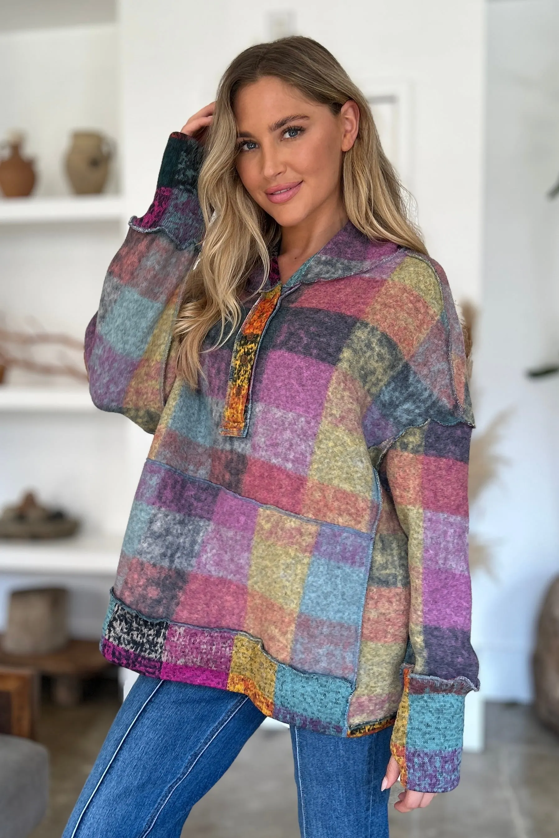 Maxct &Double Take Full Size Plaid Dropped Shoulder Fleece Hoodie