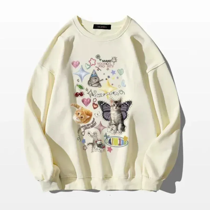 Maxct Kawaii Cat Print Hoodie Women Cutecore Long Sleeve Sweatshirt American Retro E-girl Kitten Angel Graphic Alt Clothes Y2k