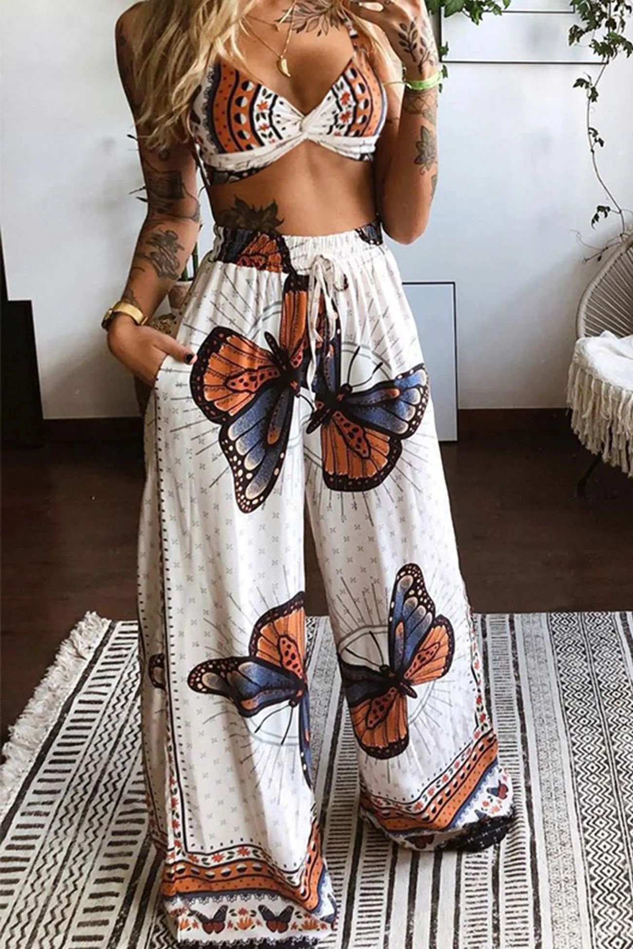 Maxct Butterfly Print Twisted Crop Top & Wide Leg Pants Set