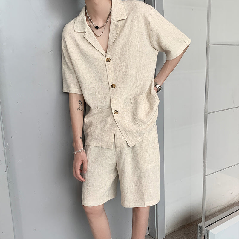 Maxct Vintage Cotton Linen Shirt Shorts Two-Piece Set