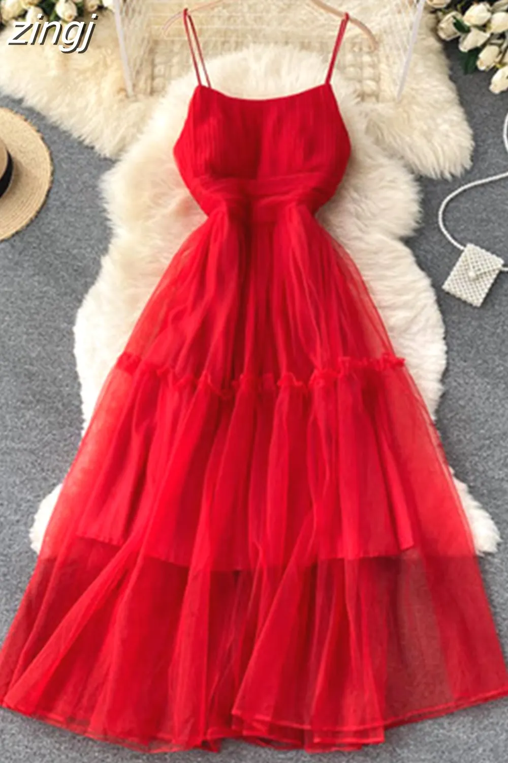 Maxct Women Sexy Mesh Spaghetti Strap Long Dress Summer Orange/Purple/Blue/Pink Ruffle A-Line Beach Robe Female Elegant Party Vestidos